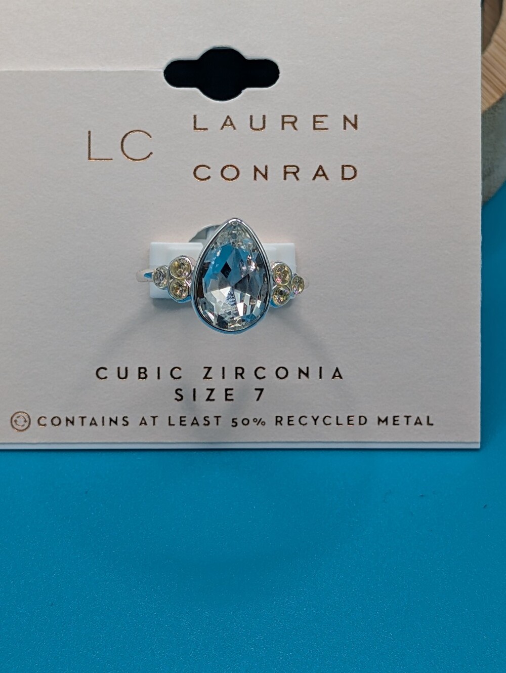 LC Lauren Conrad Silver Teardrop Ring with Light Blue Center Stone - Size 7